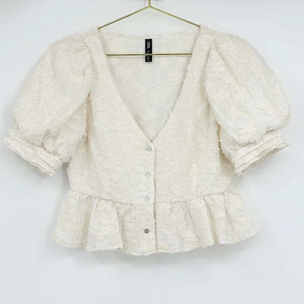 Zara Cream Textured Puff Sleeve Button Front Peplum Blouse Size S